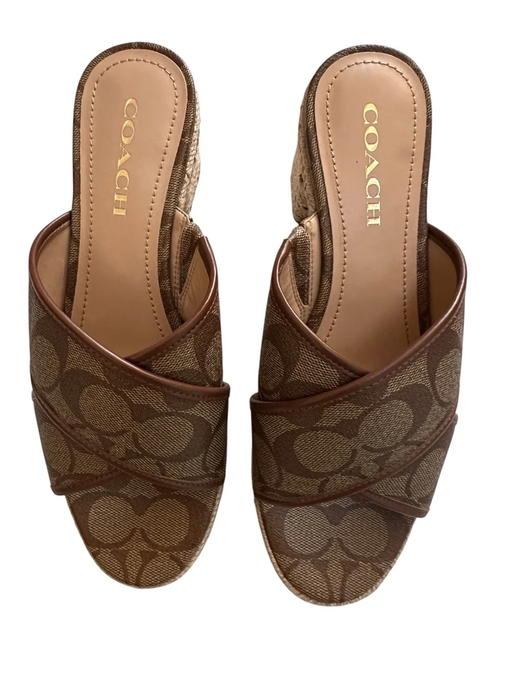 Coach Sloan Signature Espadrille Brown Canvas Crisscross Slide Mules, 8.5B